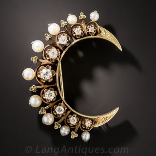 Victorian Diamond and Pearl Crescent Brooch - 2