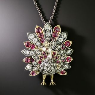 Victorian Diamond And Ruby Peacock Pendant - 2