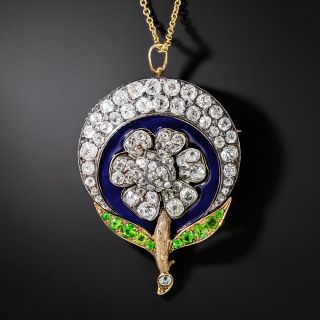 Victorian Diamond, Demantoid Garnet, and Enamel Flower Pendant/Brooch - 2