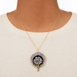 Victorian Diamond, Demantoid Garnet, and Enamel Flower Pendant/Brooch