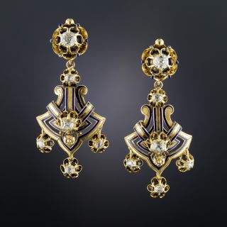 Victorian Diamond Drop Earrings with Blue Enamel - 2