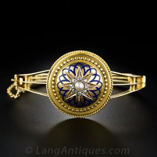 Victorian Diamond, Enamel and Natural Pearl Bangle Bracelet - 1