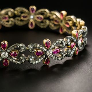 Victorian-Silver-Topped Gold Diamond and Ruby Flower and Scroll Bracelet - 3