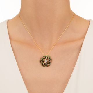 Victorian Diamond, Seed Pearl and Green Enamel Pinwheel Pendant/Brooch by Krementz