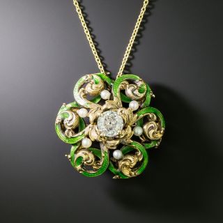 Victorian Diamond, Seed Pearl and Green Enamel Pinwheel Pendant/Brooch by Krementz - 2