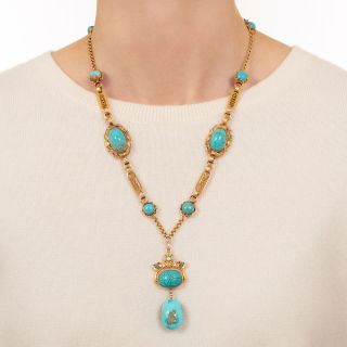 Victorian Egyptian Revival Turquoise Scarab Necklace