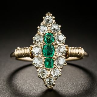Victorian Emerald and Diamond Navette Ring  - 3