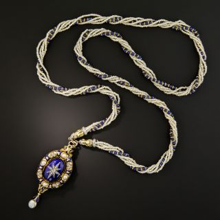 Victorian Enamel and Diamond Locket with Seed Pearl and Lapis Necklace - 5