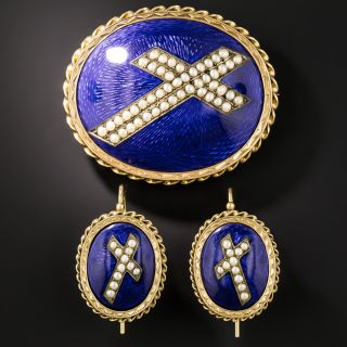 Victorian Enamel and Natural Pearl Cross Brooch and Earring Set - 8