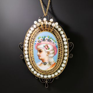 Victorian Enamel and Pearl Portrait Locket Pendant/Brooch - 2
