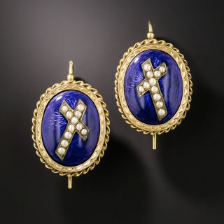 Victorian Enamel and Seed Pearl Brooch and Earring Set