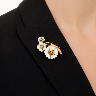 Victorian Enamel Flower and Diamond Brooch