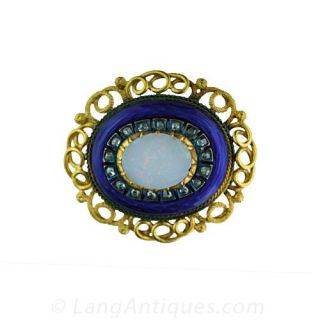 Victorian Enamel Opal and Diamond Oval Pin Main View