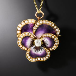 Victorian Enamel Pansy Diamond and Seed Pearl Pendant/Brooch - 2