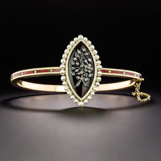 Victorian Enamel, Pearl and Diamond Bangle Bracelet - 2