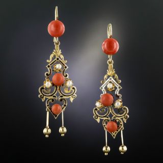 Victorian Enameled Coral and Pearl Drop Earrings - 1