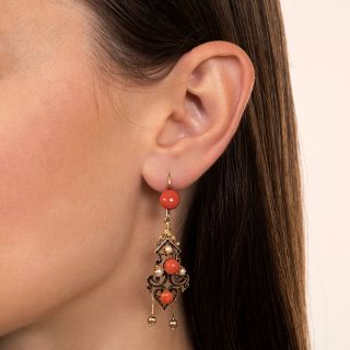 Victorian Enameled Coral and Pearl Drop Earrings