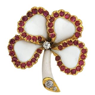 Victorian Enameled Four Leaf Clover with Rubies and Diamonds - 1