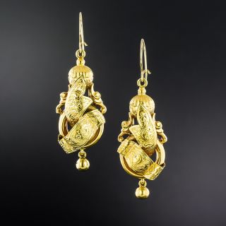 Victorian Engraved Gold Dangle Earrings - 2
