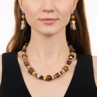 Victorian Etruscan Revival Agate Bead Necklace and Earrings