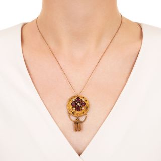 Victorian Etruscan Revival Garnet and Pearl Pendant