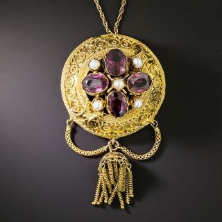 Victorian Etruscan Revival Garnet and Pearl Pendant - 2