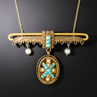 Victorian Etruscan Revival Turquoise and Pearl Brooch/Pendant - 2
