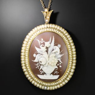 Victorian Floral Cameo and Seed Pearl Pendant - 2