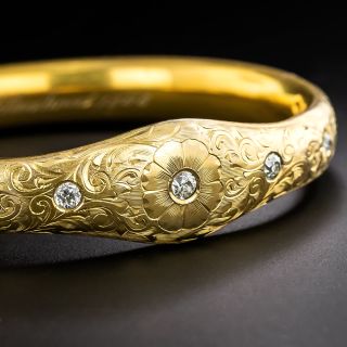 Victorian Floral Engraved Diamond Bangle Bracelet - 2