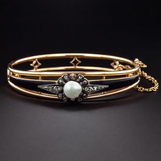 Victorian Freshwater Pearl, Diamond and Enamel Bangle Bracelet - 2