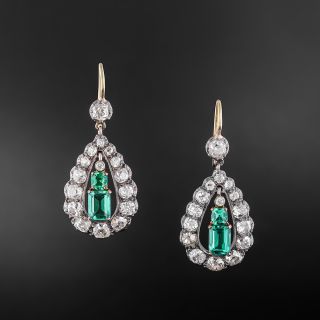 Victorian Gem Emerald and Diamond Dangle Earrings - GIA F1 - 2