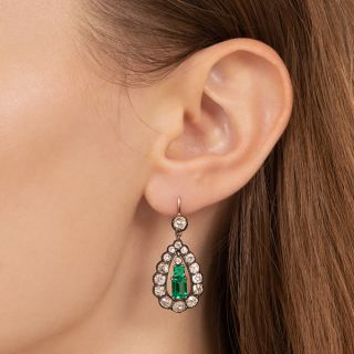 Victorian Gem Emerald and Diamond Dangle Earrings - GIA F1
