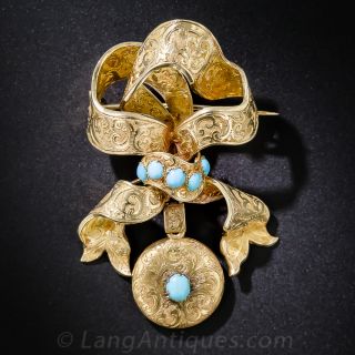 Victorian Gold and Turquoise Bow Brooch With Locket