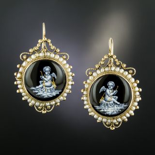 Victorian Grisaille Enamel Cherub Pearl Earrings - 2
