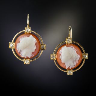 Victorian Hard Stone Cameo And Diamond Earrings - 1