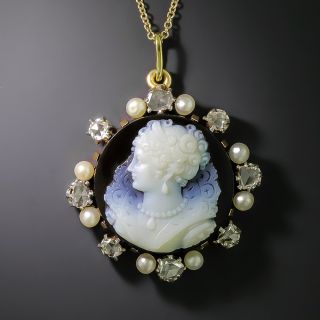 Victorian Hardstone Cameo, Diamond and Natural Pearl Pendant - 2