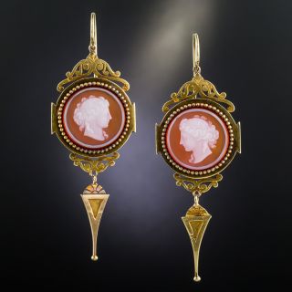 Victorian Hardstone Cameo Long Drop Earrings - 2