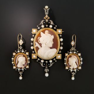 Victorian Hardstone Cameo Pendant/Brooch and Earrings Set - 2