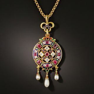 Victorian Holbeinesque Enamel, Diamond, Ruby and Pearl Pendant - 1