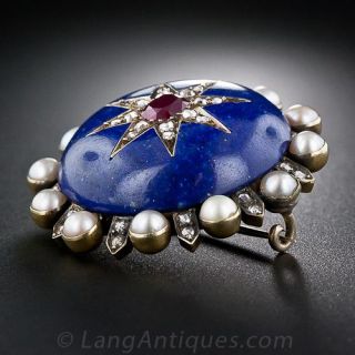 Victorian Lapis, Ruby, Pearl & Diamond Pin/Pendant