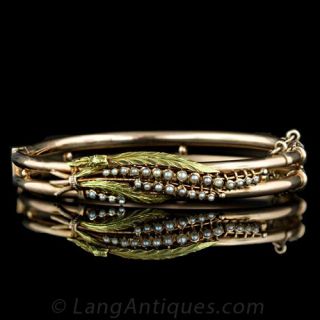Victorian Lily of the Valley Seed Pearl Bangle Bracelet Main View