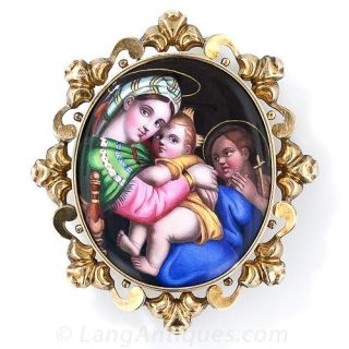 Victorian 'Madonna della Seggiola' Enamel Miniature Brooch - 2