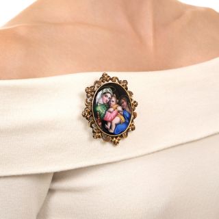 Victorian 'Madonna della Seggiola' Enamel Miniature Brooch