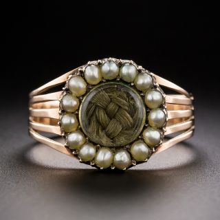 Victorian Mourning Ring With Woven Hair and Seed Pearls - 2