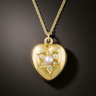 Victorian Natural Pearl and Diamond Heart Locket Pendant - 3