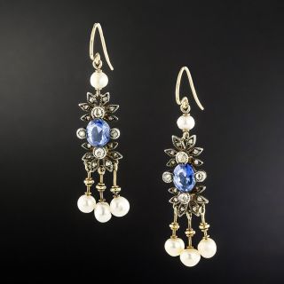 Victorian Natural Pearl and No-Heat Ceylon Sapphire Dangle Earrings  - 2