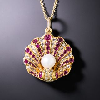 Victorian Natural Pearl, Ruby and Diamond Scallop Shell Pendant - 3