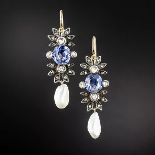 Victorian No-Heat Sapphire, Diamond and Freshwater Pearl Earrings  - 2