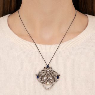 Victorian No-Heat Sapphire, Diamond and Natural Pearl Lavalière  - GIA