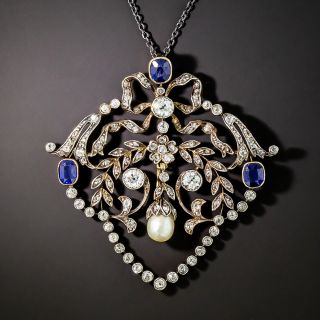 Victorian No-Heat Sapphire, Diamond and Natural Pearl Lavalière  - GIA - 2